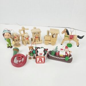 Vtg Wood Wooden Christmas Ornaments~Train~Russ Berrie~Horn~Elf~Santa~Teddy Bear